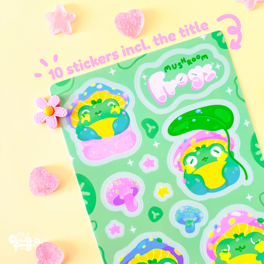 Mushroom Frogs Sticker Sheet | Kawaii Frog Stickers | Die-Cut Vinyl Decal by Create-O Potatoe®