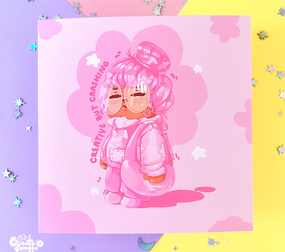 Creative But Crashing Art Print | Kawaii Black Girl Illustration Home Decor