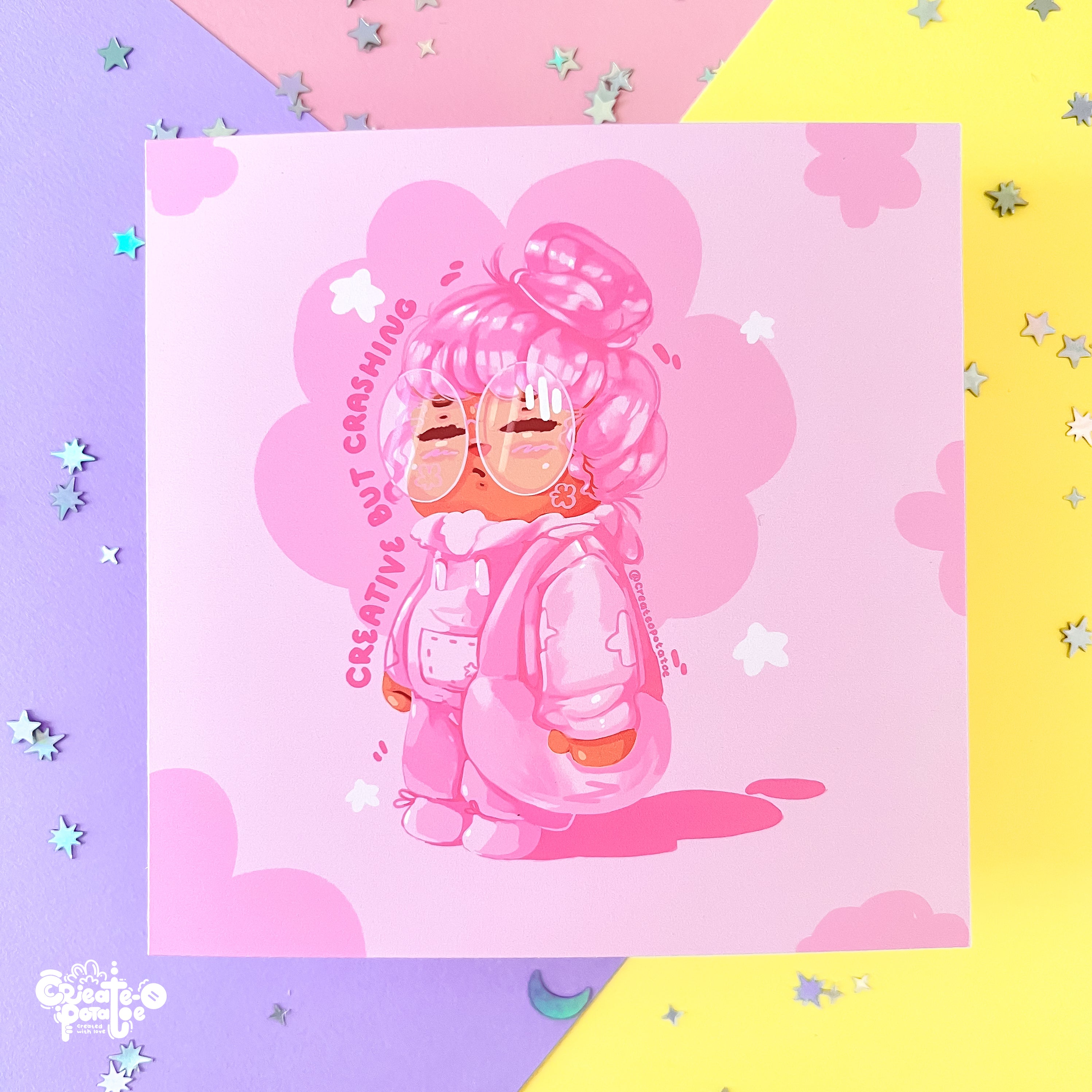 Creative But Crashing Art Print | Kawaii Black Girl Illustration Home Decor
