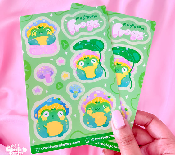 Mushroom Frogs Sticker Sheet | Kawaii Frog Stickers | Die-Cut Vinyl Decal
