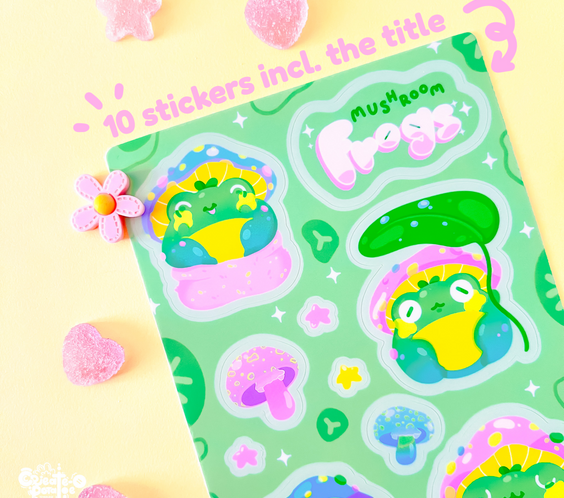 Mushroom Frogs Sticker Sheet | Kawaii Frog Stickers | Die-Cut Vinyl Decal