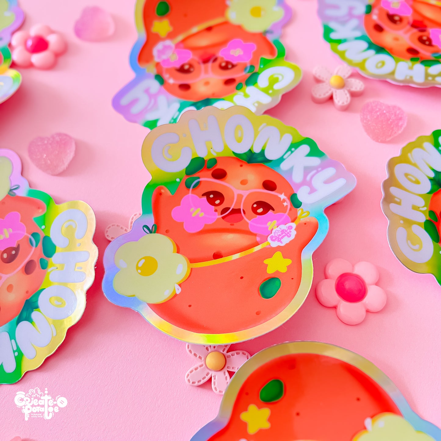 CHONKY Productive Potatoe Holographic Sticker | Kawaii Die-Cut Vinyl Decal