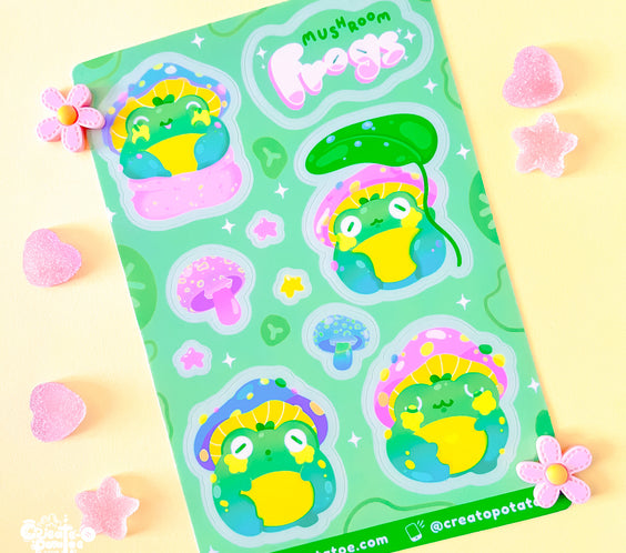 Mushroom Frogs Sticker Sheet | Kawaii Frog Stickers | Die-Cut Vinyl Decal