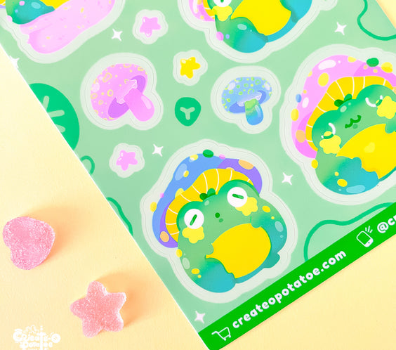 Mushroom Frogs Sticker Sheet | Kawaii Frog Stickers | Die-Cut Vinyl Decal