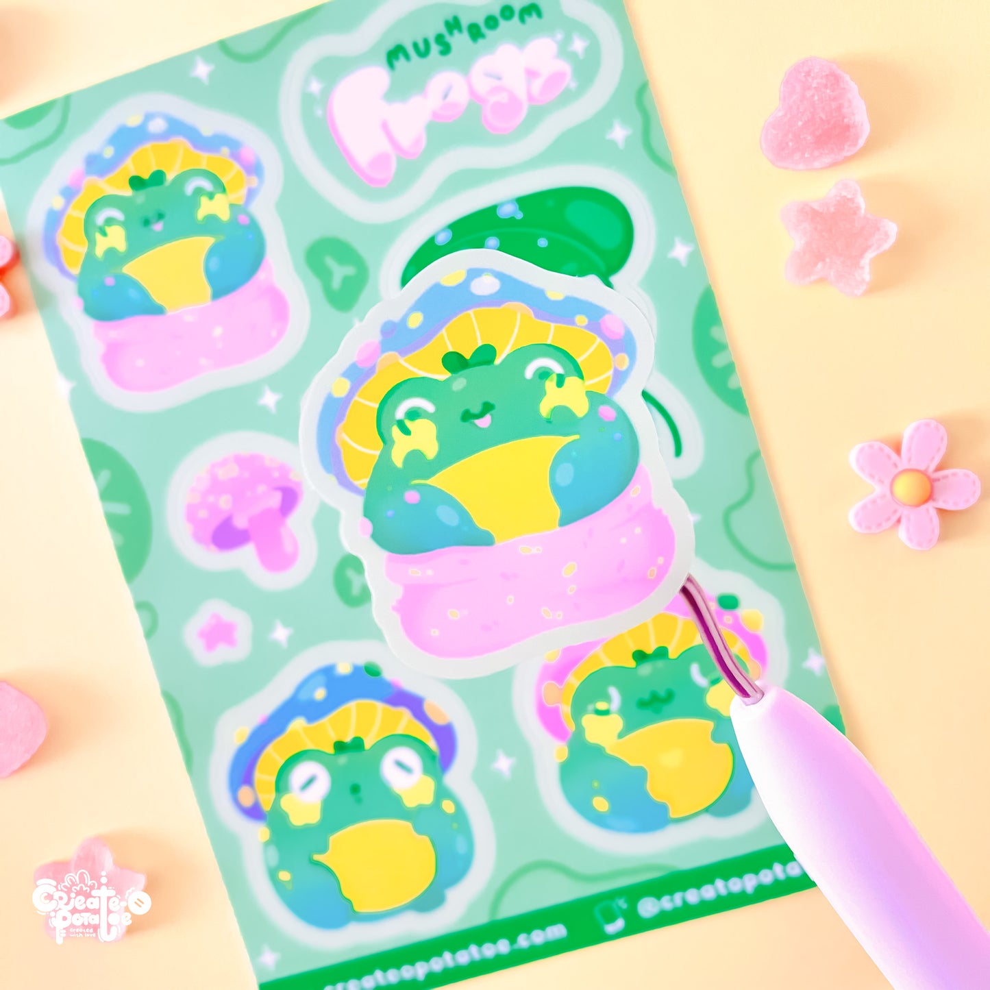 Mushroom Frogs Sticker Sheet | Kawaii Frog Stickers | Die-Cut Vinyl Decal