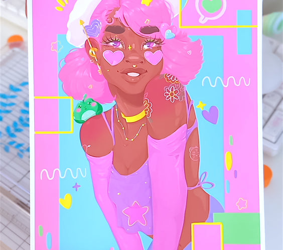 (seconds sale) Bubbi Art Print | Kawaii Black Girl Portrait Illustration | Home Decor