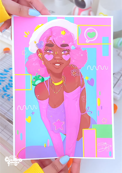(seconds sale) Bubbi Art Print | Kawaii Black Girl Portrait Illustration | Home Decor