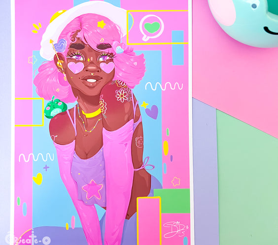 (seconds sale) Bubbi Art Print | Kawaii Black Girl Portrait Illustration | Home Decor