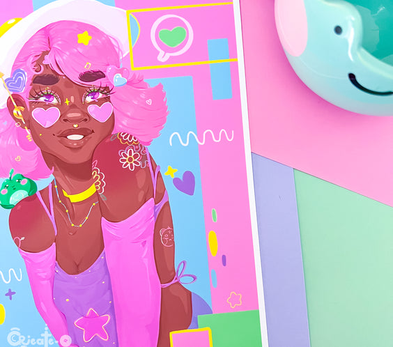(seconds sale) Bubbi Art Print | Kawaii Black Girl Portrait Illustration | Home Decor