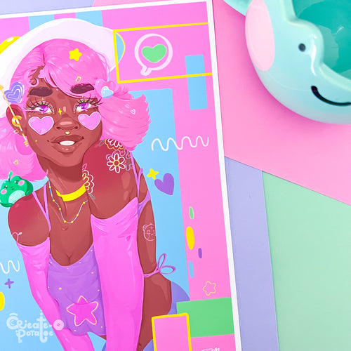 Bubbi Art Print | Kawaii Black Girl Portrait Illustration | Home Decor by Create-O Potatoe®