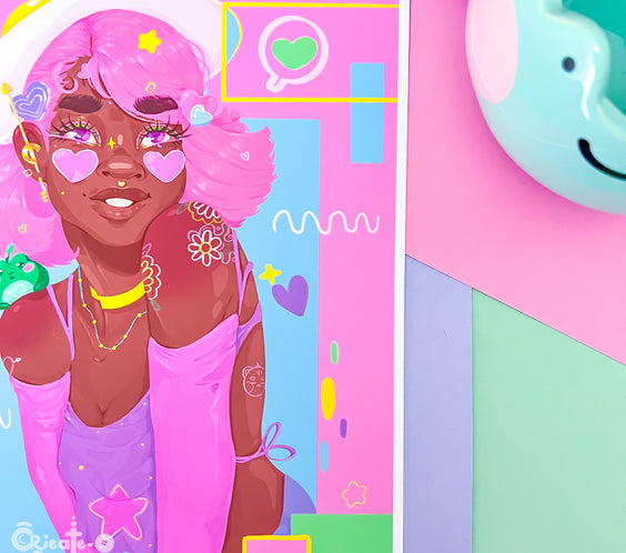 (seconds sale) Bubbi Art Print | Kawaii Black Girl Portrait Illustration | Home Decor