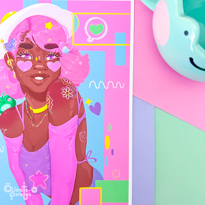 (seconds sale) Bubbi Art Print | Kawaii Black Girl Portrait Illustration | Home Decor