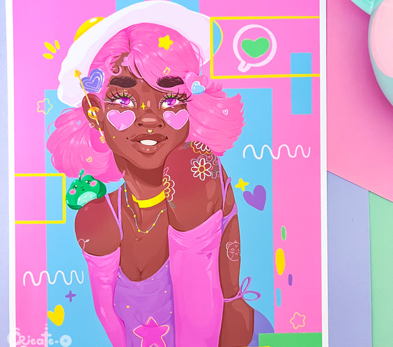 (seconds sale) Bubbi Art Print | Kawaii Black Girl Portrait Illustration | Home Decor