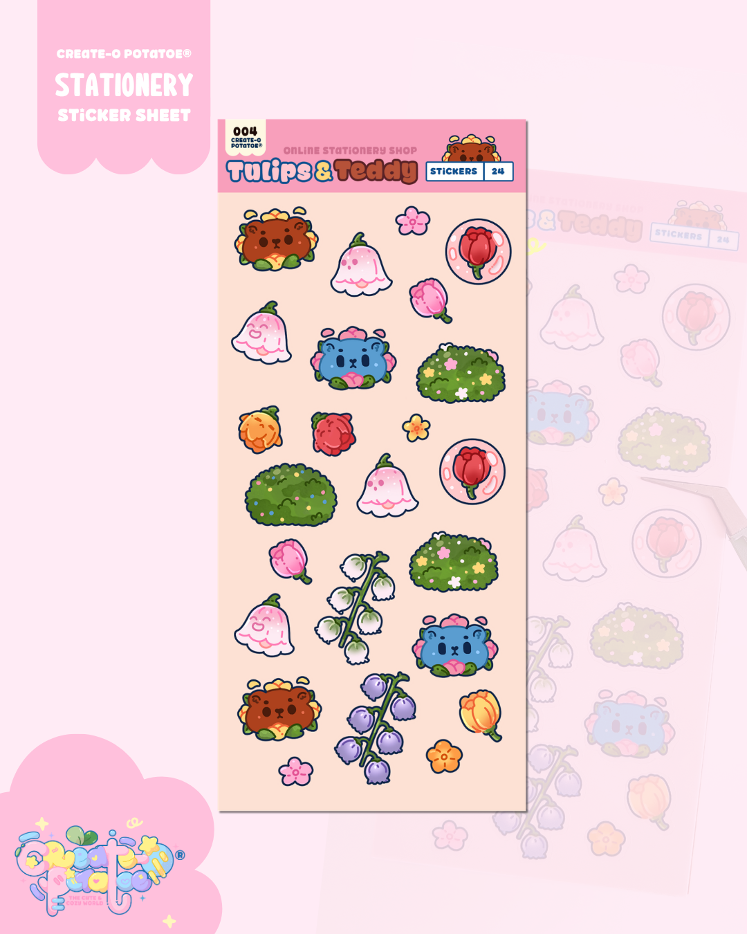 Tulips & Teddy | 24 Stationery Sticker Sheets