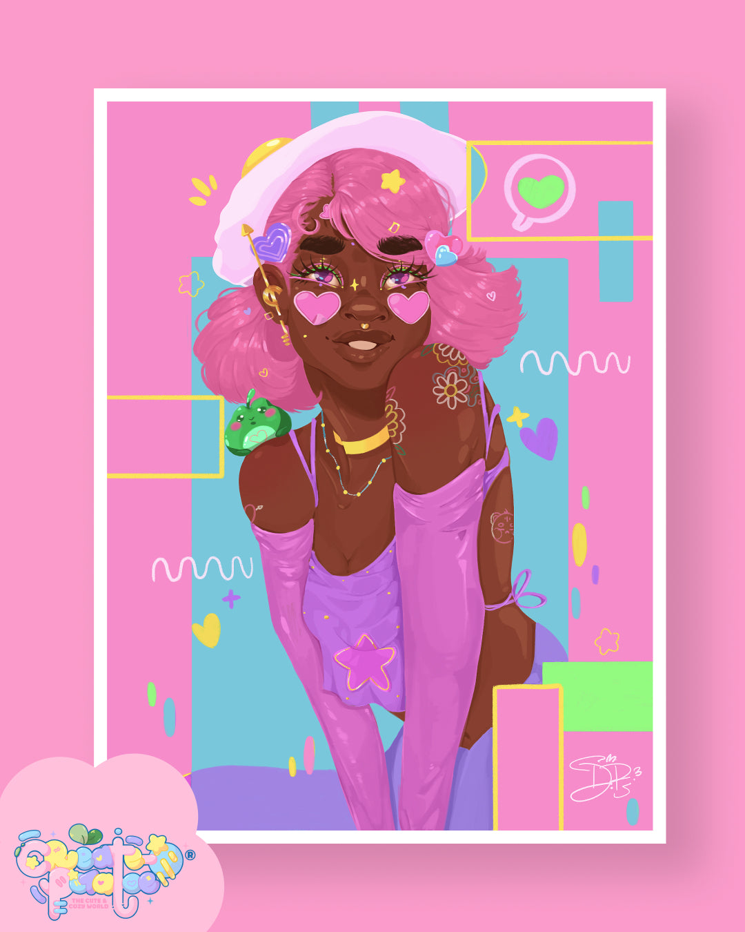 Bubbi Satin Art Print | Kawaii Black Girl Illustration | Office & Home Decor