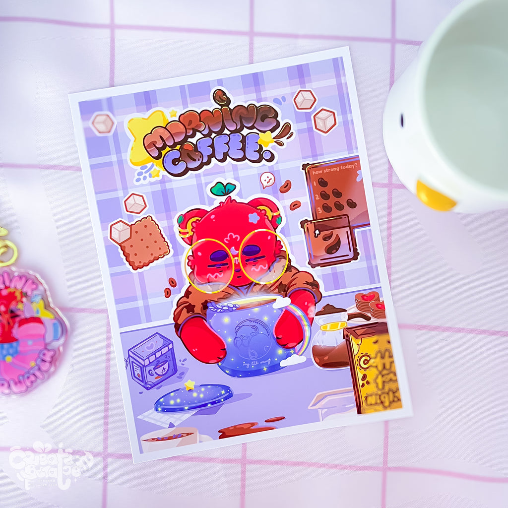 Morning Coffee Satin Art Print | Kawaii Office & Home Decor by Create-O Potatoe®