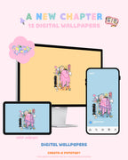 Promotional graphic for a digital wallpaper pack showing illustrated pastel scenes displayed on a desktop monitor, tablet, and smartphone against a light pink background. Text reads 'A NEW CHAPTER', '12 DIGITAL WALLPAPERS', and 'DIGITAL WALLPAPERS' with the brand name 'CREATE-O POTATO' visible at the bottom.