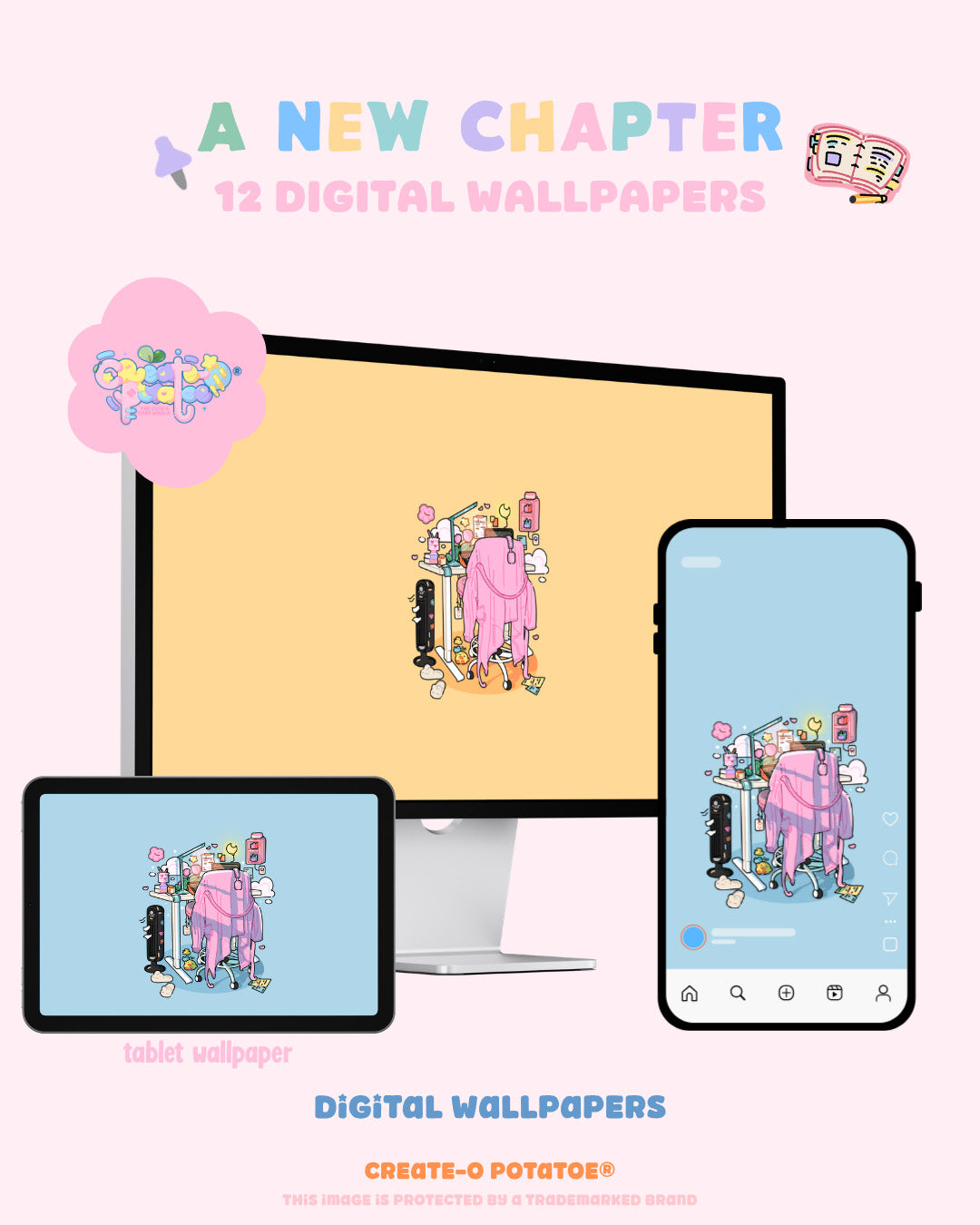Promotional graphic for a digital wallpaper pack showing illustrated pastel scenes displayed on a desktop monitor, tablet, and smartphone against a light pink background. Text reads 'A NEW CHAPTER', '12 DIGITAL WALLPAPERS', and 'DIGITAL WALLPAPERS' with the brand name 'CREATE-O POTATO' visible at the bottom.
