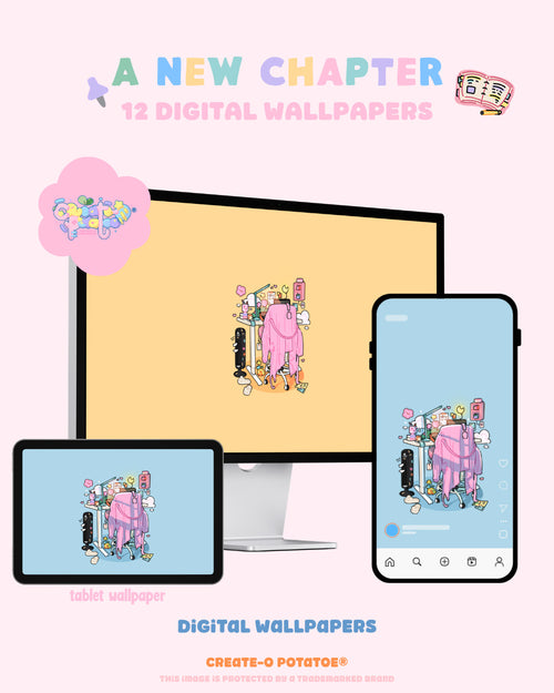 Promotional graphic for a digital wallpaper pack showing illustrated pastel scenes displayed on a desktop monitor, tablet, and smartphone against a light pink background. Text reads 'A NEW CHAPTER', '12 DIGITAL WALLPAPERS', and 'DIGITAL WALLPAPERS' with the brand name 'CREATE-O POTATO' visible at the bottom.