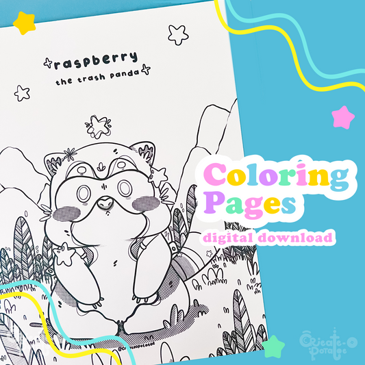 RASPBERRY THE TRASH PANDA | coloring pages, digital download