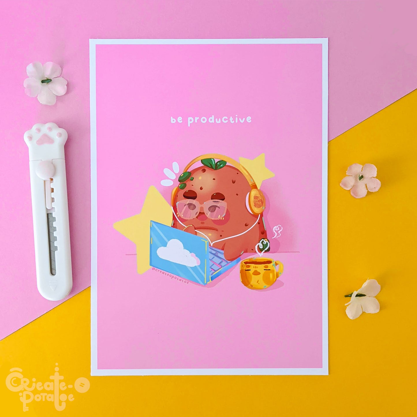 Be Productive Potatoe Art Print | Kawaii Office Ilustration Home Decor