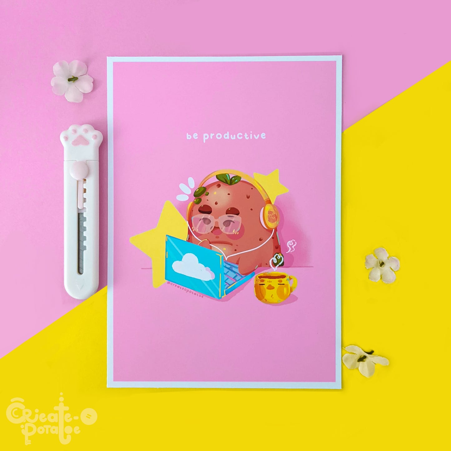 Be Productive Potatoe Art Print | Kawaii Office Ilustration Home Decor