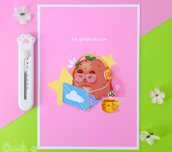 Be Productive Potatoe Art Print | Kawaii Office Ilustration Home Decor
