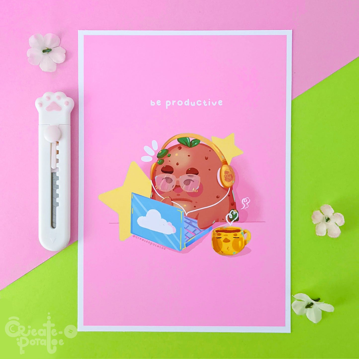 Be Productive Potatoe Art Print | Kawaii Office Ilustration Home Decor