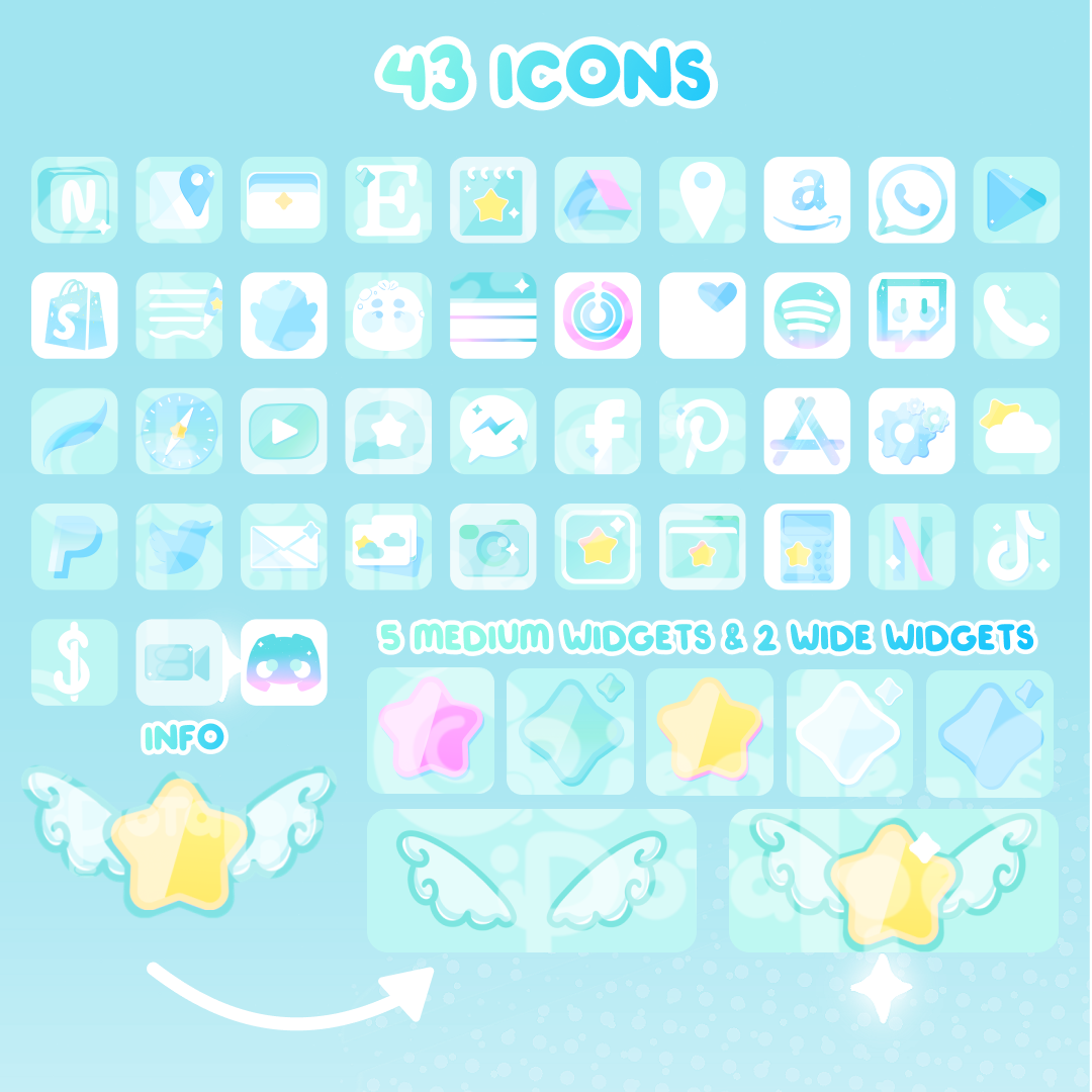 BlueGreen Magical Star Digital Theme | Kawaii Magic Girl iOS, iPadOS, & android theme