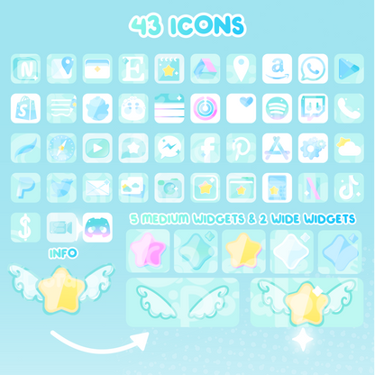 BlueGreen Magical Star Digital Theme | Kawaii Magic Girl iOS, iPadOS, & android theme